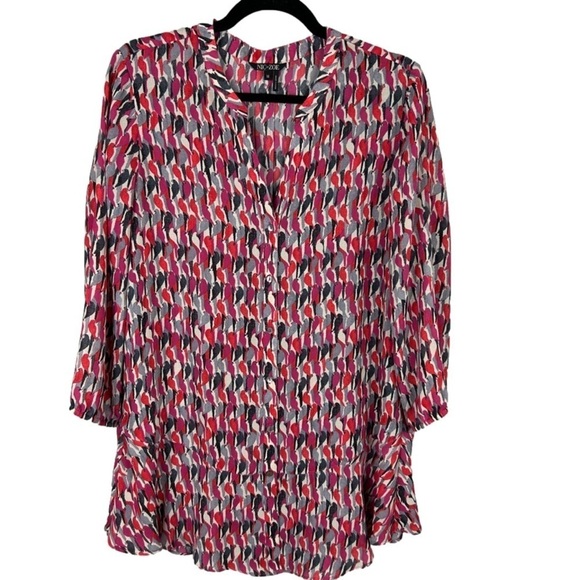 Nic + Zoe Bird Printed Long Sleeve Button Down Tunic Top Medium Red Grey - Picture 1 of 14